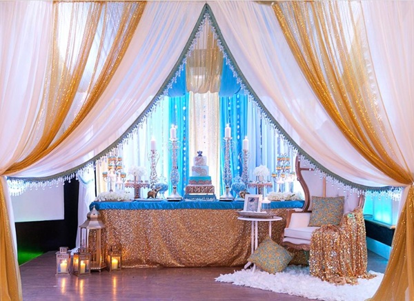 Moroccan baby shower dessert table and drapes