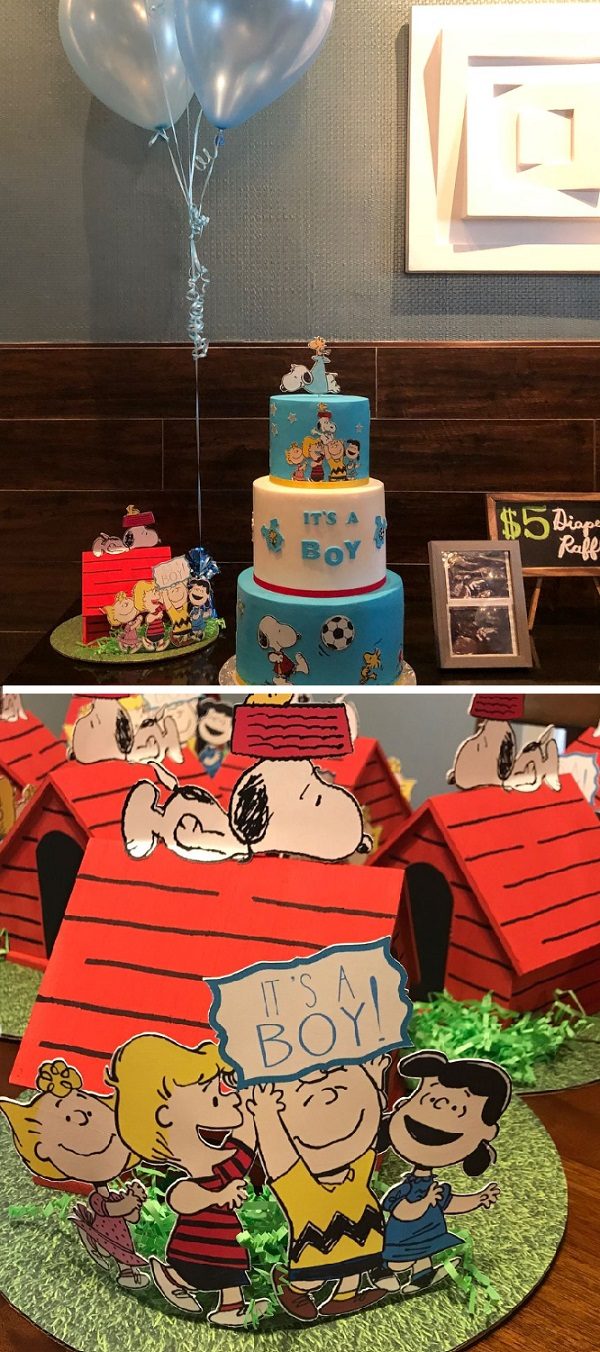 baby shower in snoopy theme red dog house boxes