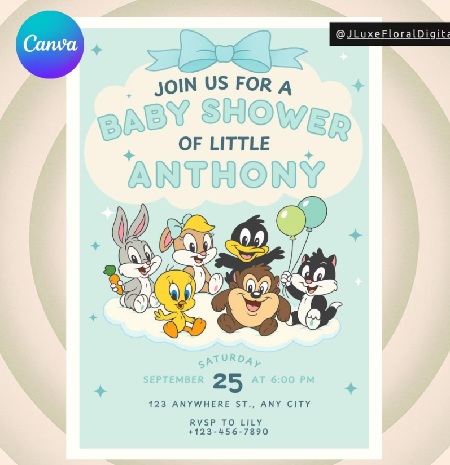 Vintage Baby Looney Tunes Boy Baby Shower Invite blue