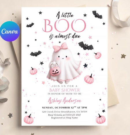 Editable Pink Little Boo Baby Shower Invitation Set