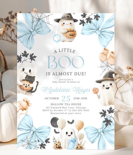 Ghosts And Bows Halloween Baby Shower Invitation Boy Blue