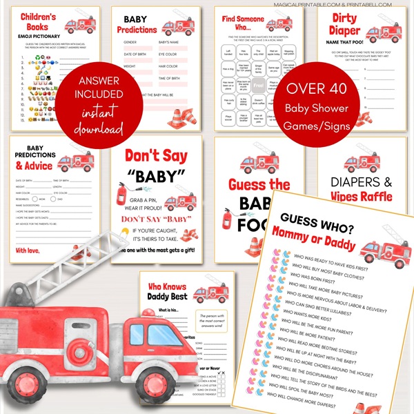 fire fighter baby shower games bundle