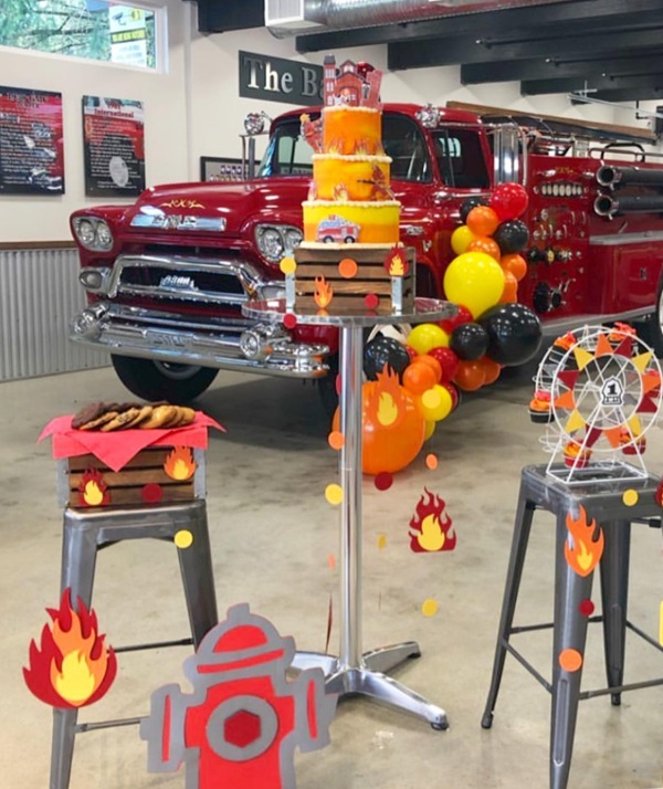 firefighter baby shower setup