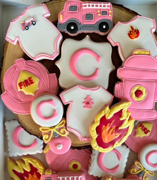 pink fire truck baby shower cookies