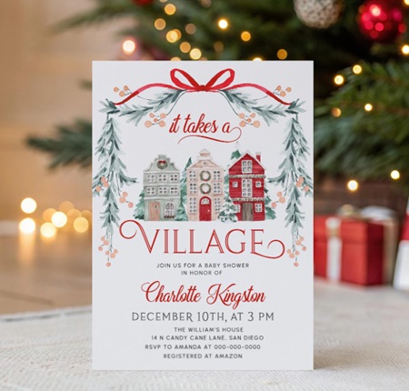 Christmas Village Baby Shower Invite Red Bow