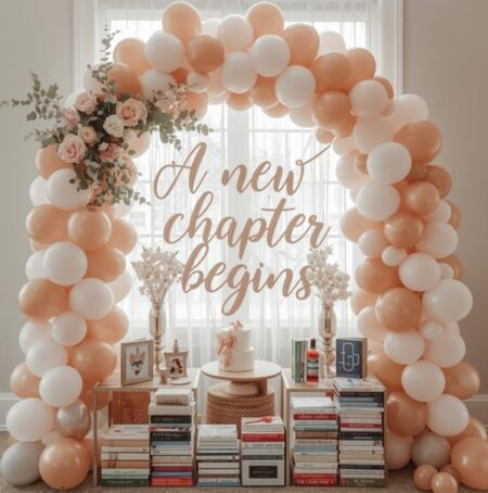 a new chapter begins baby shower balloon garland and books decor