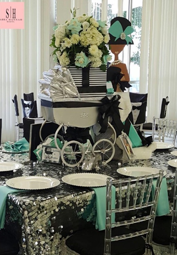 giant tiffany themed baby stroller centerpiece