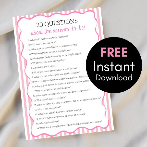Free baby shower game - pink- 20 questions about parents quiz