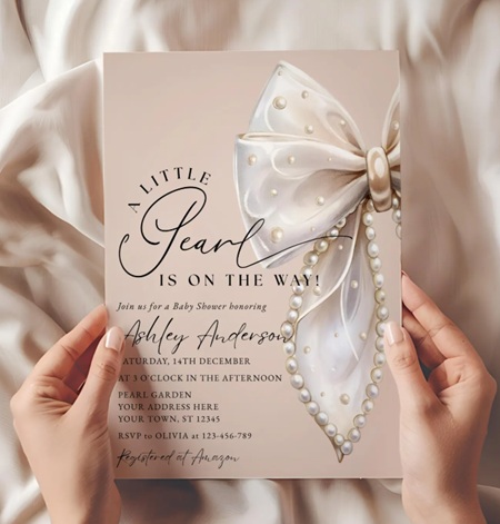Little Pearl Is On The Way Beige Bow Baby Shower Invitation