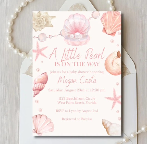 girl Little Pearl Is On The Way Beige Bow Baby Shower Invitation
