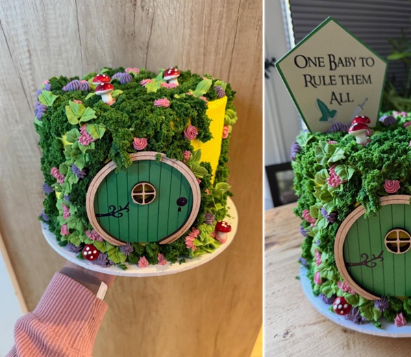 Lord of the rings inspired Hobbit hole baby shower cake