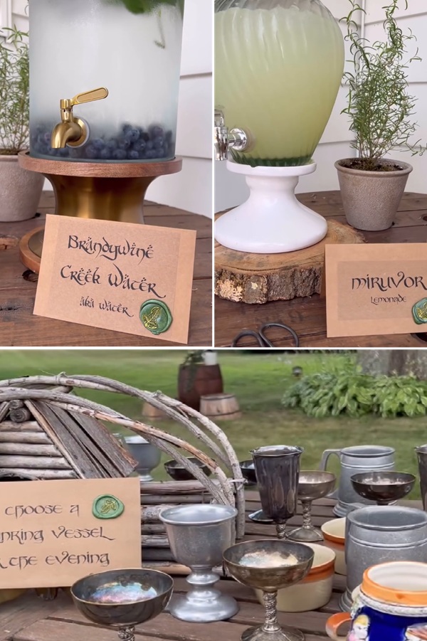 Middle-earth lore drink station with signs