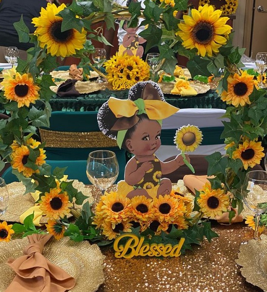 gold and sunflower baby shower centerpiece