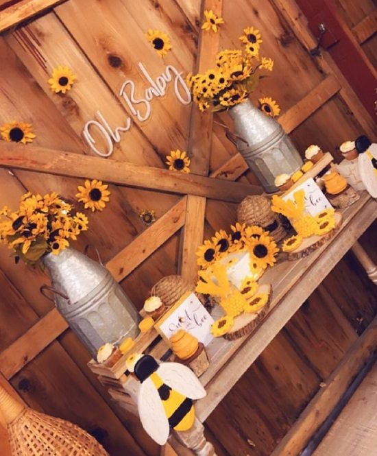 rustic barn sunflower baby shower setup