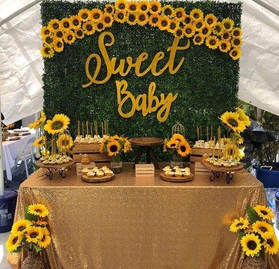 sunshine and sunflower baby shower dessert table