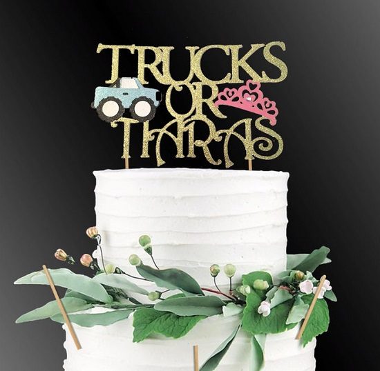 Trucks or Tiaras gender reveal cake toppers